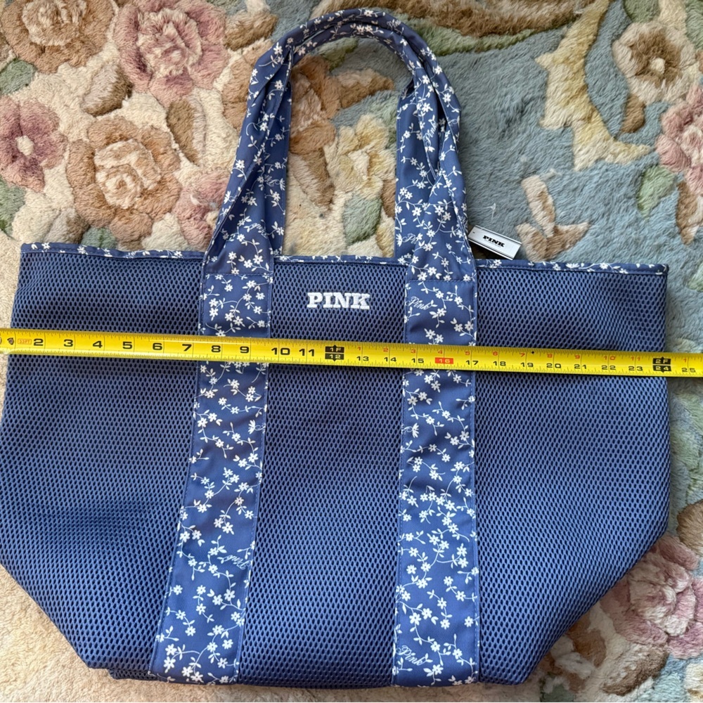 PINK by Victoria's Secret Large Blue Mesh Tote Pool Beach Bag In Blue Floral NWT